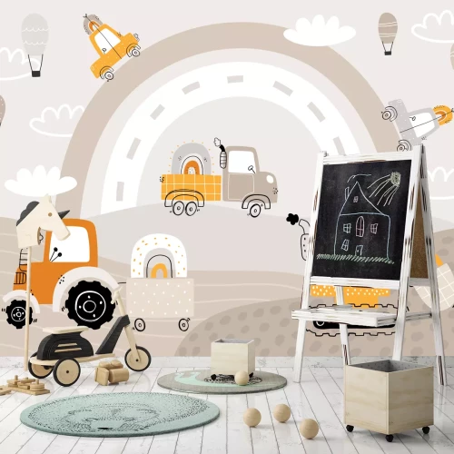 Fototapete Autos und Traktor vor einem Regenbogenhintergrund