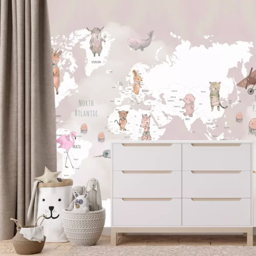 Fototapete Weltkarte mit Flugzeugen und Tieren