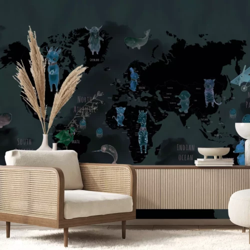 Fototapete Weltkarte mit Flugzeugen und Tieren