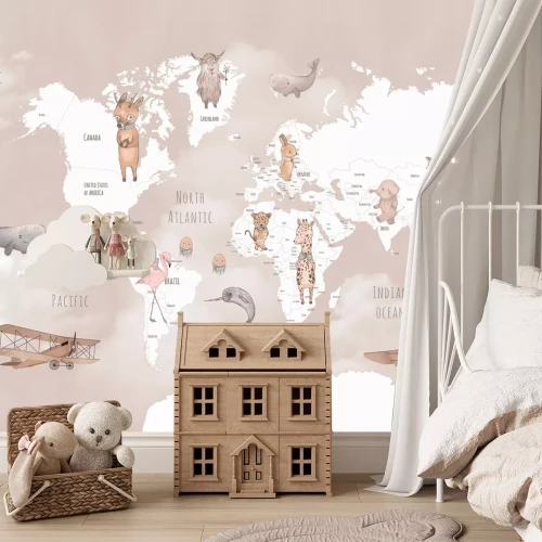 Fototapete Weltkarte mit Flugzeugen und Tieren