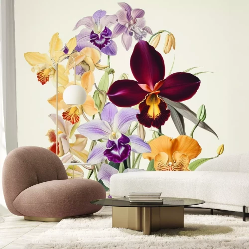 Fototapete Bunte Orchideenblüten auf hellem Hintergrund