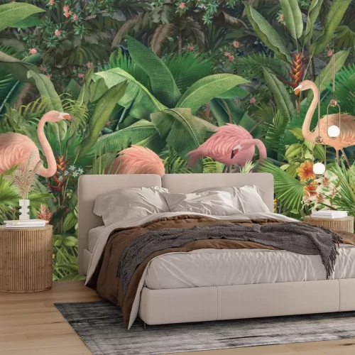 Fototapete Flamingos mit tropischen Blättern und Blumen