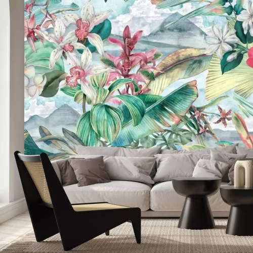 Fototapete Bunte Orchideen mit Monstera-Blättern