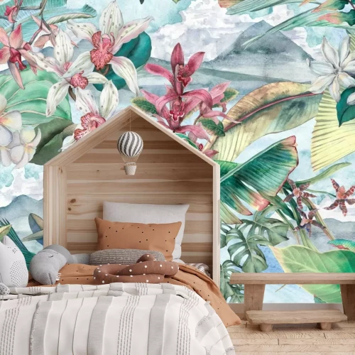 Fototapete Bunte Orchideen mit Monstera-Blättern