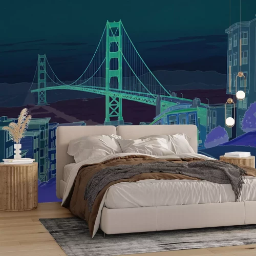 Fototapete Stadtzeichnung mit einem fahrenden Zug