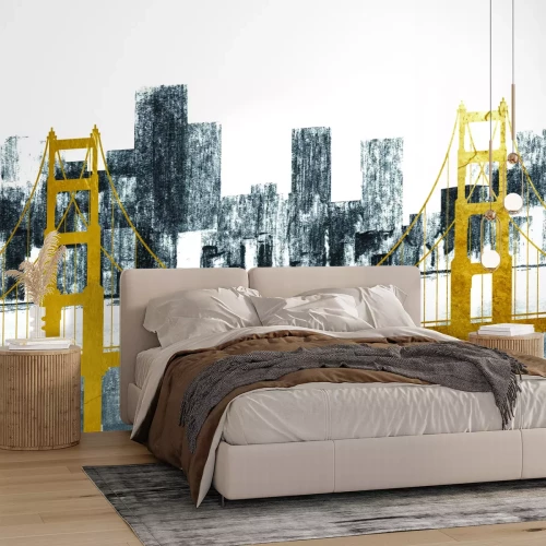 Fototapete Abstrakte Stadt mit einer goldenen Brücke