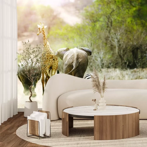 Fototapete Elefanten gehen zusammen mit einer Giraffe und einem Zebra