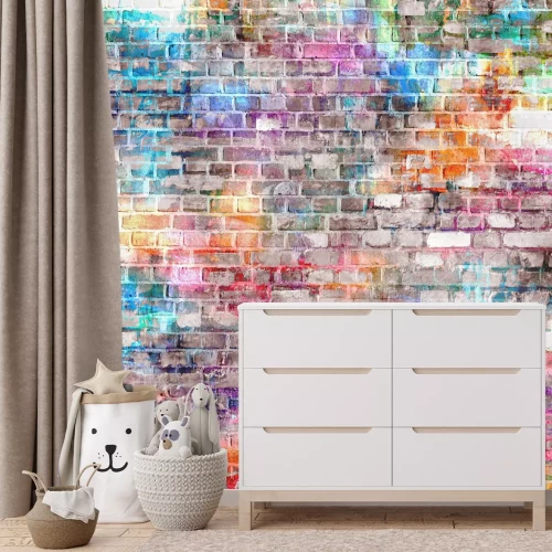 Fototapete Bunte Wand aus grauem Ziegelstein mit Neon