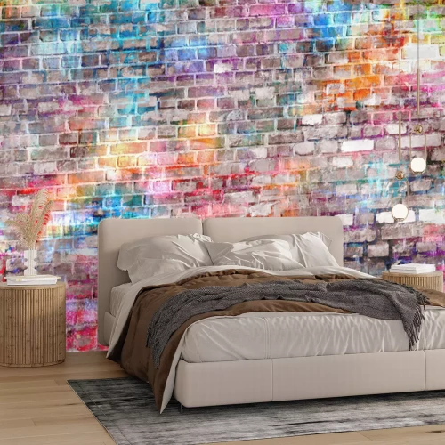 Fototapete Bunte Wand aus grauem Ziegelstein mit Neon