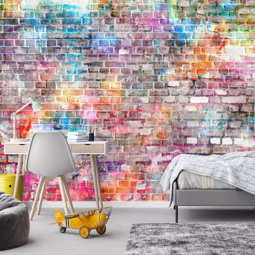 Fototapete Bunte Wand aus grauem Ziegelstein mit Neon