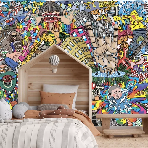 Fototapete Bunte Muster von Gebäuden und Menschen