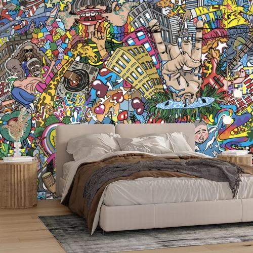 Fototapete Bunte Muster von Gebäuden und Menschen