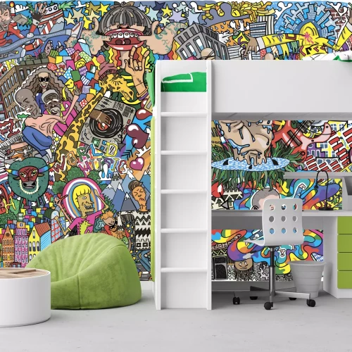 Fototapete Bunte Muster von Gebäuden und Menschen