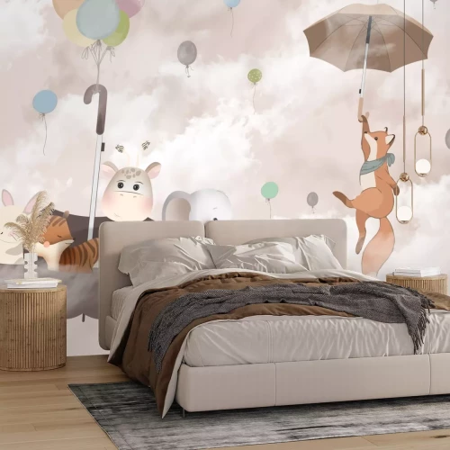 Fototapete Fuchs mit einer Giraffe und einem Elefanten auf einem Regenschirm in den Wolken