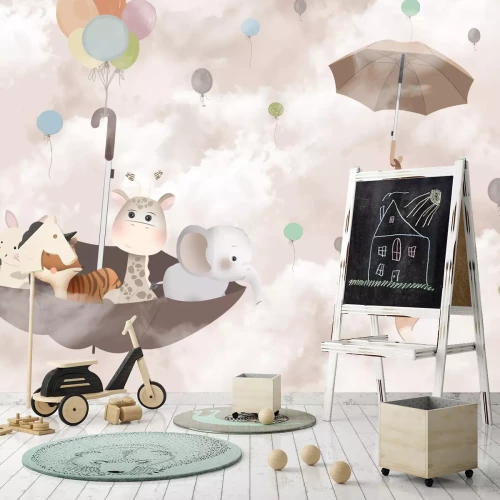 Fototapete Fuchs mit einer Giraffe und einem Elefanten auf einem Regenschirm in den Wolken