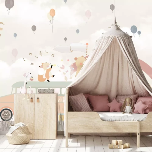 Fototapete Schulbus mit Tieren vor einem Regenbogenhintergrund