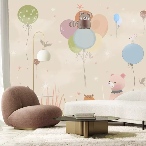 Fototapete Tiere auf der Wiese mit fliegenden Ballons