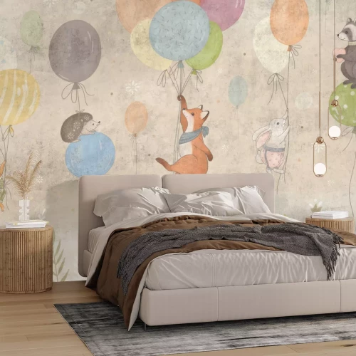 Fototapete Fuchs und Hase halten Ballons