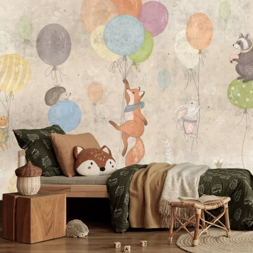 Fototapete Fuchs und Hase halten Ballons