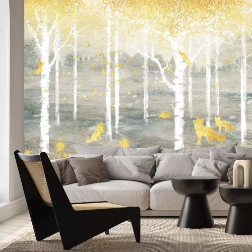 Fototapete Abstrakter Wald mit goldenen Füchsen