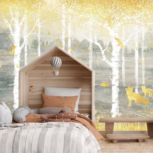 Fototapete Abstrakter Wald mit goldenen Füchsen