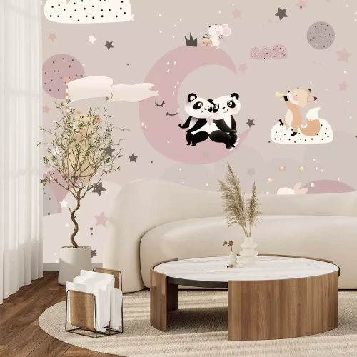 Fototapete Pandas, die auf dem Mond sitzen, und ein Fuchs auf einer Wolke