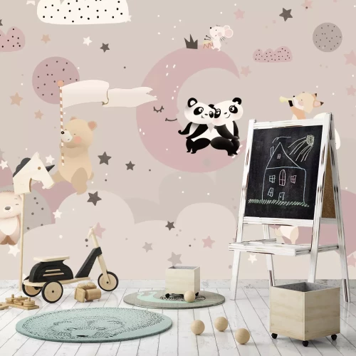 Fototapete Pandas, die auf dem Mond sitzen, und ein Fuchs auf einer Wolke