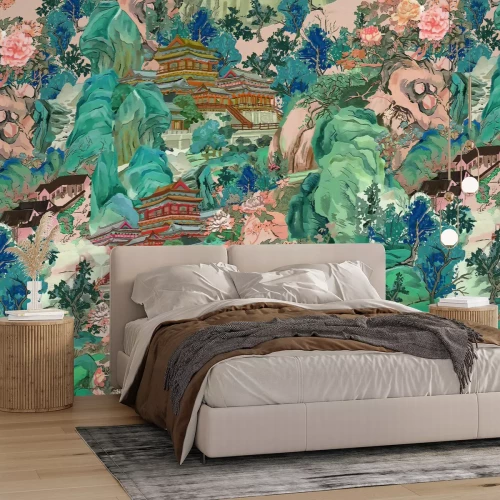 Fototapete Japanische Gebäude zwischen Bergen und Bäumen