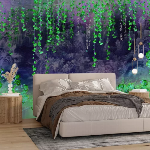 Fototapete Hängende Kirschblüten vor einem Waldhintergrund