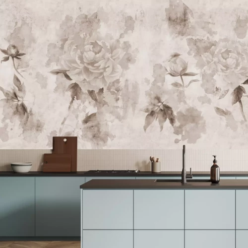 Fototapete Monochrome Blumen auf Beton im Grunge-Stil