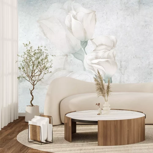 Fototapete Weiße Rosenblüten auf Betonhintergrund