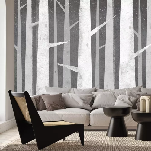 Fototapete Graue Birkenstämme mit dornigen Zweigen