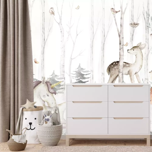 Fototapete Einhorn und kleine Tiere im Aquarellwald