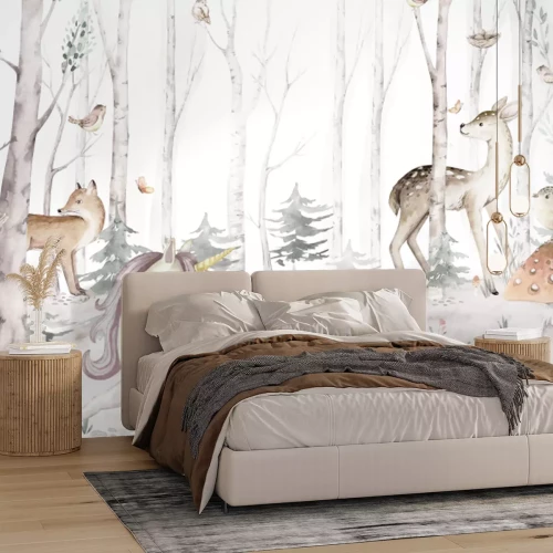 Fototapete Einhorn und kleine Tiere im Aquarellwald