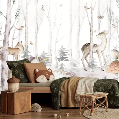 Fototapete Einhorn und kleine Tiere im Aquarellwald