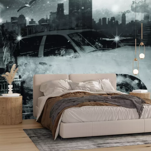 Fototapete Schwarz-weißes Taxi und die Freiheitsstatue