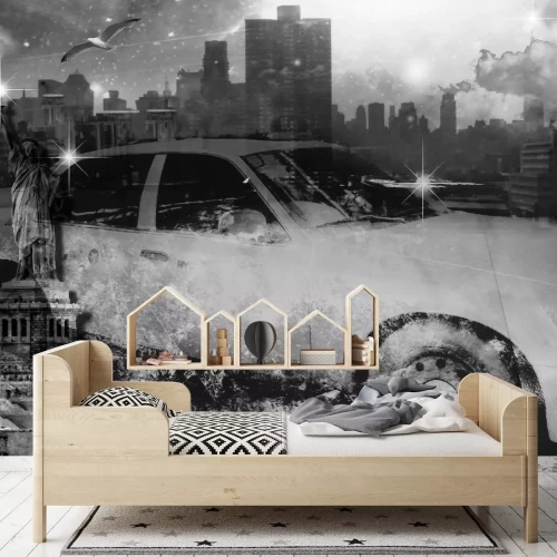 Fototapete Schwarz-weißes Taxi und die Freiheitsstatue