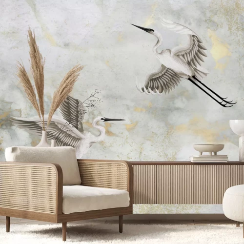 Fototapete Reiher im Flug vor einem Hintergrund mit Marmoreffekt