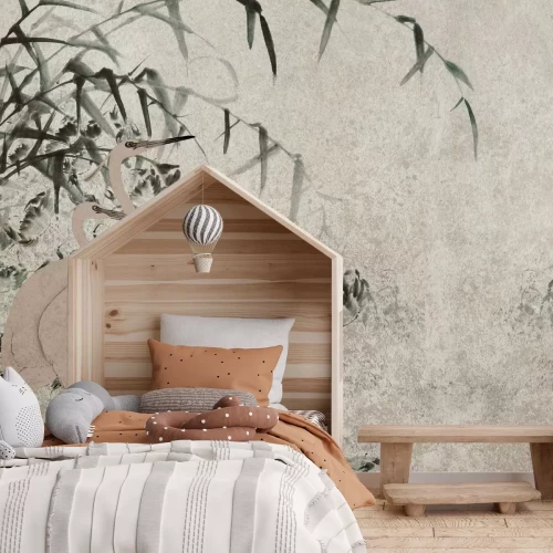 Fototapete Reiher und Bambus auf einem Hintergrund mit zarter Textur