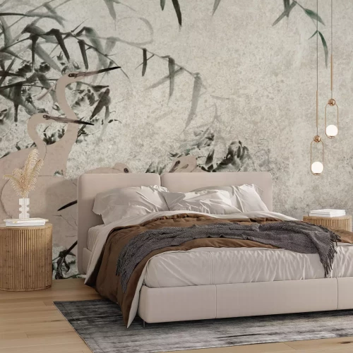 Fototapete Reiher und Bambus auf einem Hintergrund mit zarter Textur