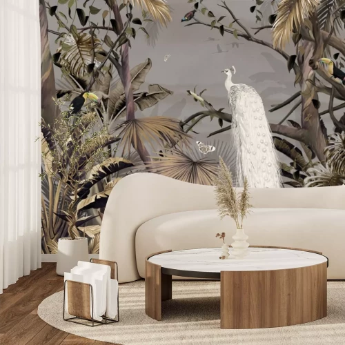 Fototapete Weißer Pfau Tukane und Schmetterlinge im tropischen Dschungel