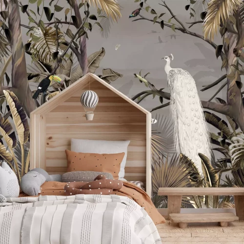 Fototapete Weißer Pfau Tukane und Schmetterlinge im tropischen Dschungel