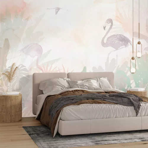 Fototapete Flamingos und tropische Blätter in Pastellfarben