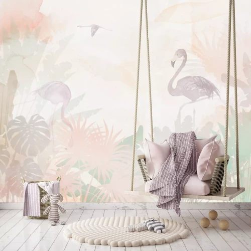 Fototapete Flamingos und tropische Blätter in Pastellfarben