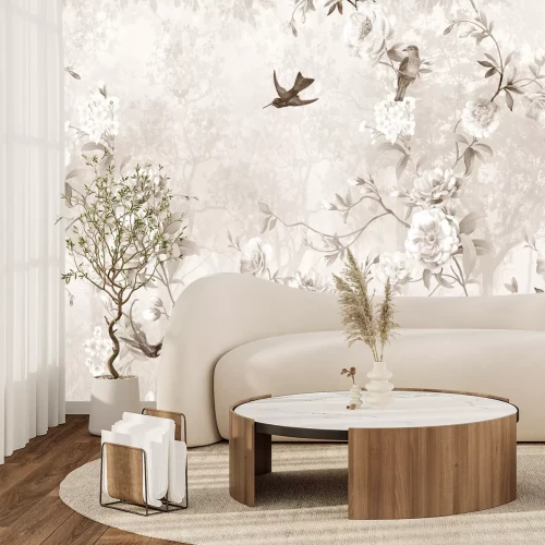 Fototapete Botanisches Muster mit Vögeln und Bäumen