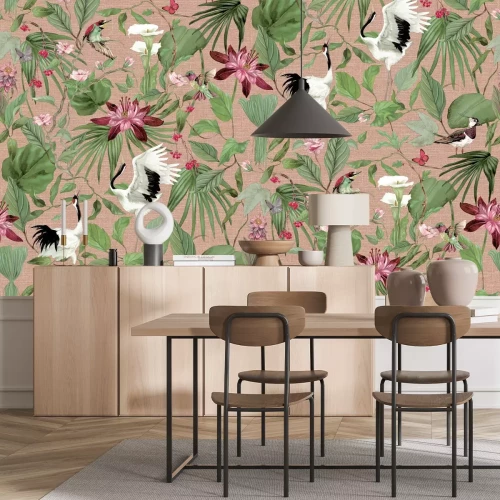 Fototapete Exotische Vögel zwischen grünen Blättern und Blumen