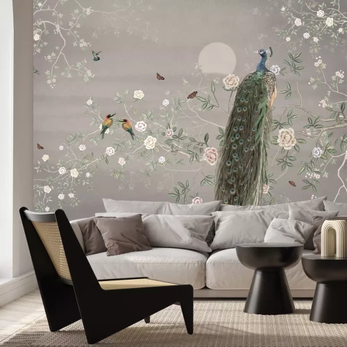 Fototapete Pfau und Kolibris zwischen blühenden Blumen auf einem Baumzweig