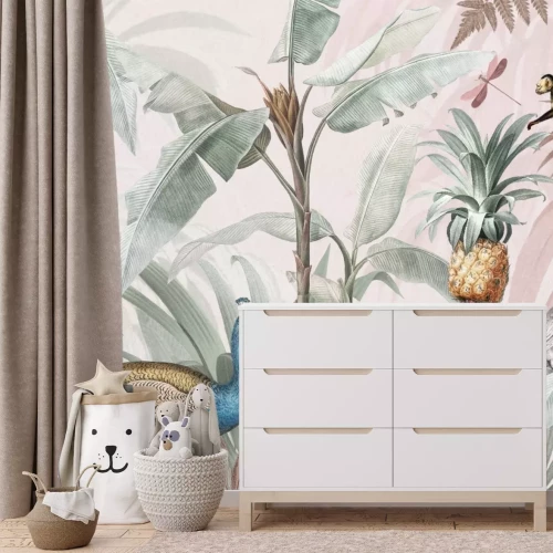 Fototapete Tiere zwischen tropischen Pflanzen Aquarelllandschaft