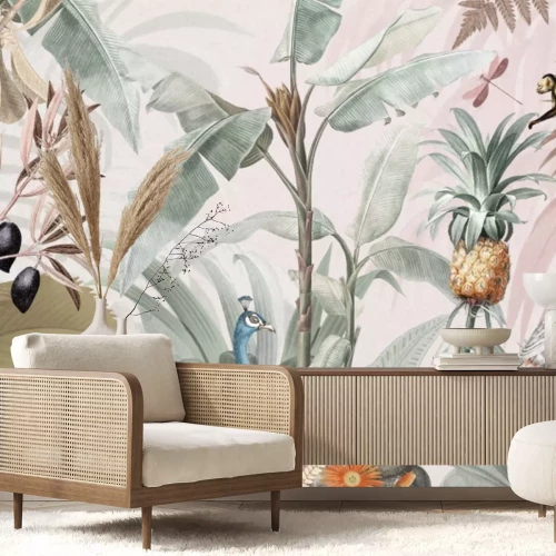 Fototapete Tiere zwischen tropischen Pflanzen Aquarelllandschaft