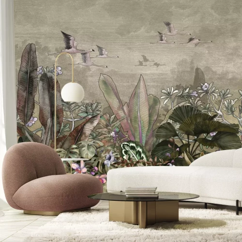 Fototapete Tropische Pflanzen und exotische Vögel im Aquarellstil